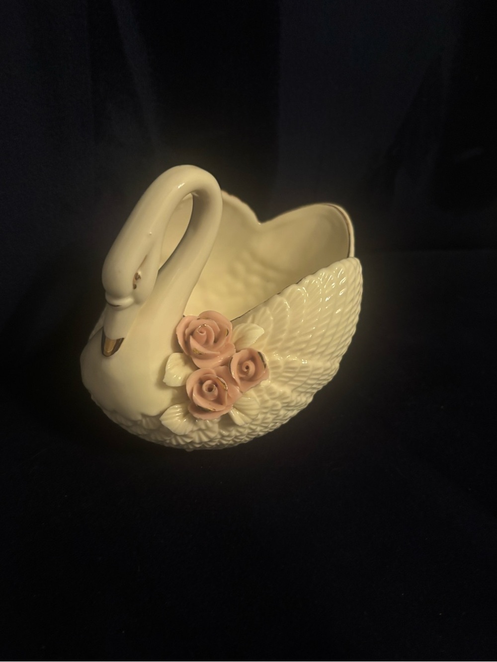 White Ceramic Swan Planter with Pink Rose Accents